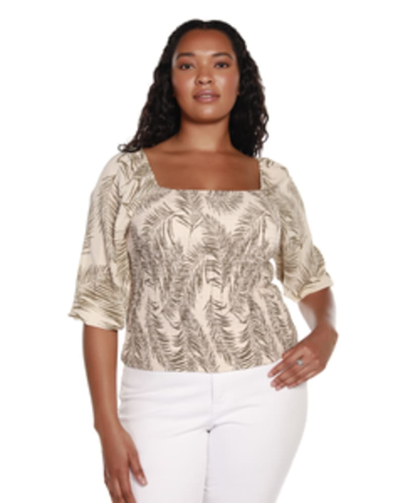 Front of a model wearing a size 1X Lyla Palm Print Smocked Top in Marzipan/Covert Green by Belldini Black Label. | dia_product_style_image_id:246136